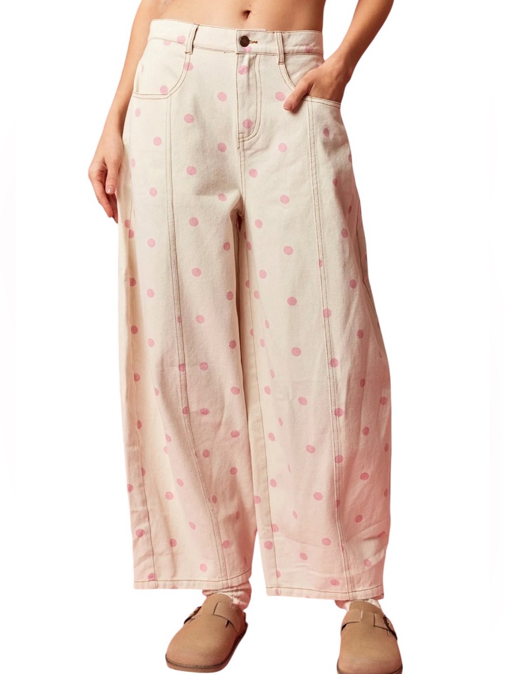 NEW Peach Love Barrel Jeans L Baggy Wide Leg Campus Closet Polka Dots - Picture 3 of 12